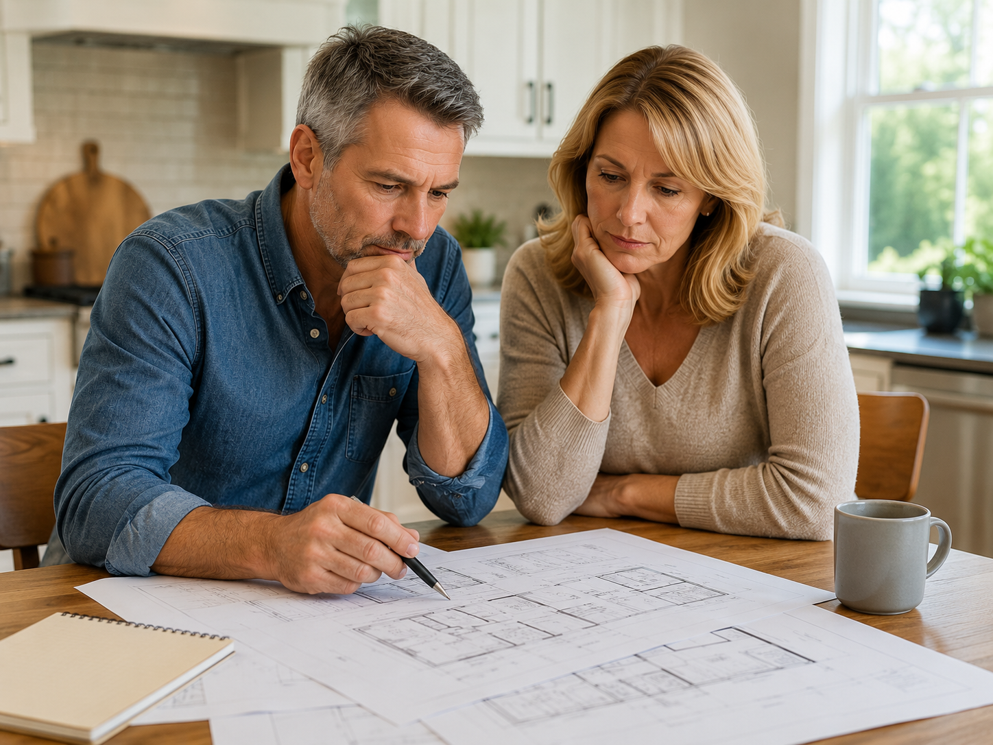 Homeowners reviewing remodeling plans at a kitchen table
